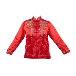 Vintage Red Silk Rayon Embroidered Bed Jacket